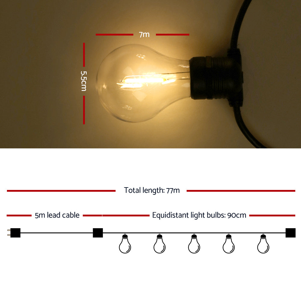 77m LED Festoon String Lights Indoor & Outdoor - 80 Large Bulbs Homecoze