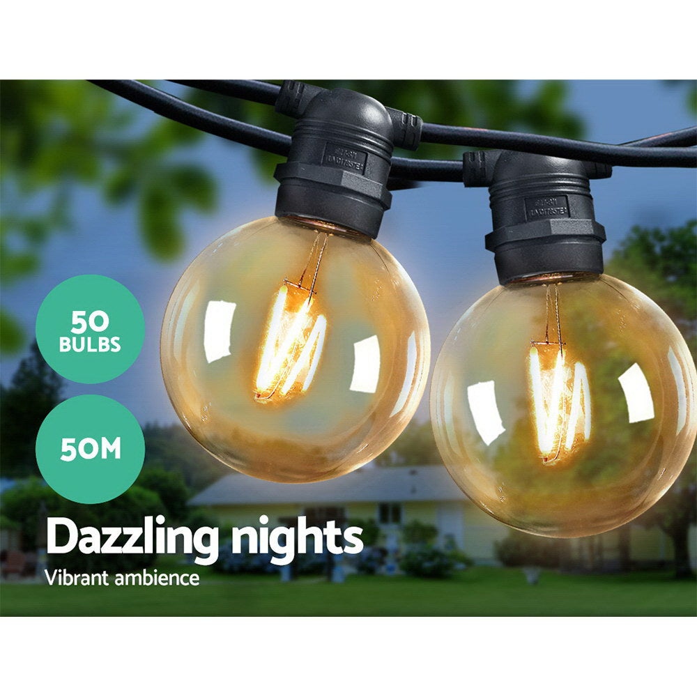 50m LED Festoon String Lights Indoor & Outdoor - 50 Large Round Bulbs Homecoze