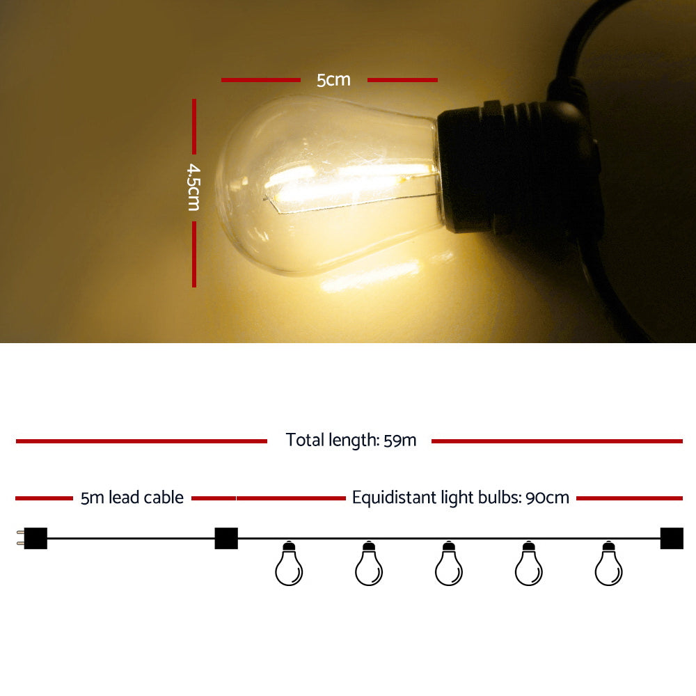 59m LED Festoon String Lights Indoor & Outdoor - 60 Medium Bulbs Homecoze
