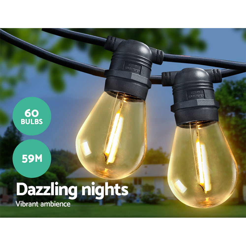 59m LED Festoon String Lights Indoor & Outdoor - 60 Medium Bulbs Homecoze