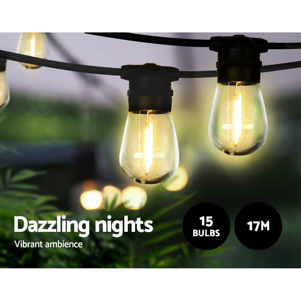 17m LED Solar Powered Festoon String Lights Indoor & Outdoor - 15 Small Bulbs Homecoze