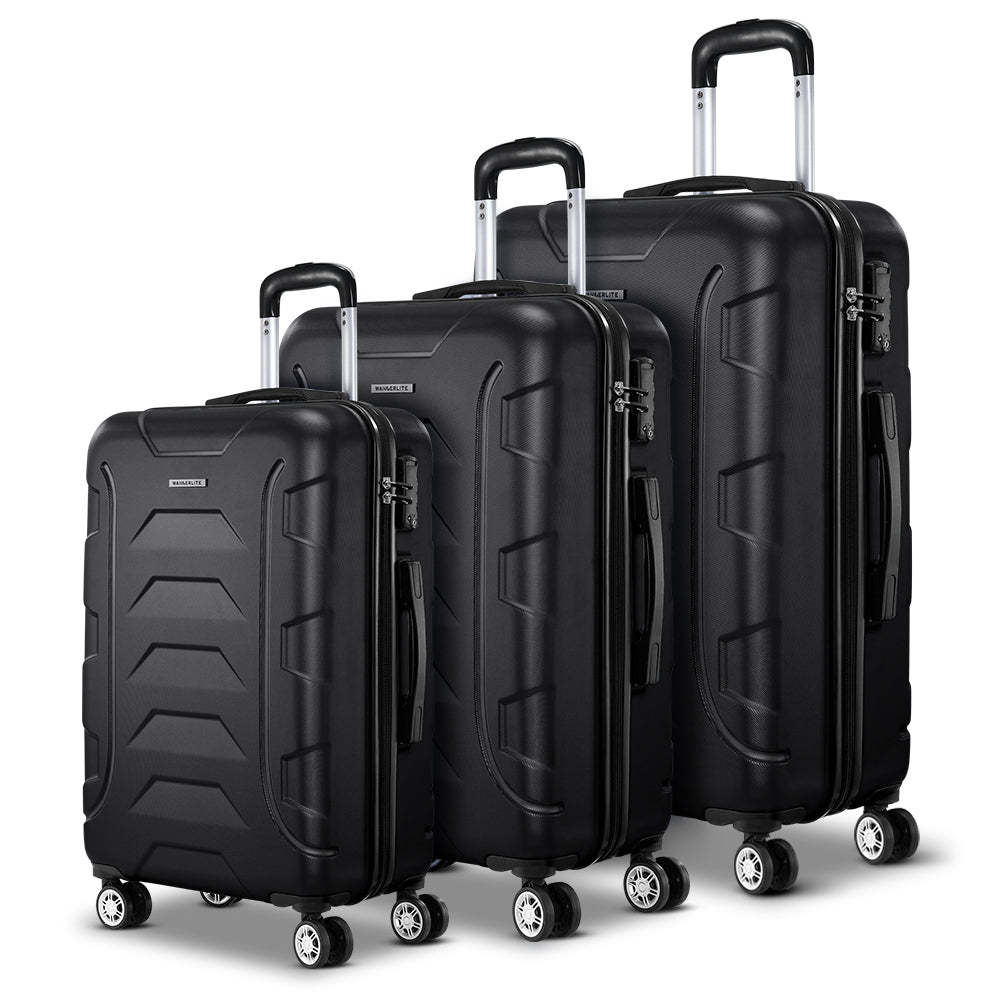 Wanderlite 3pc Luggage Travel Sets Suitcase Trolley TSA Lock Bonus Black Homecoze