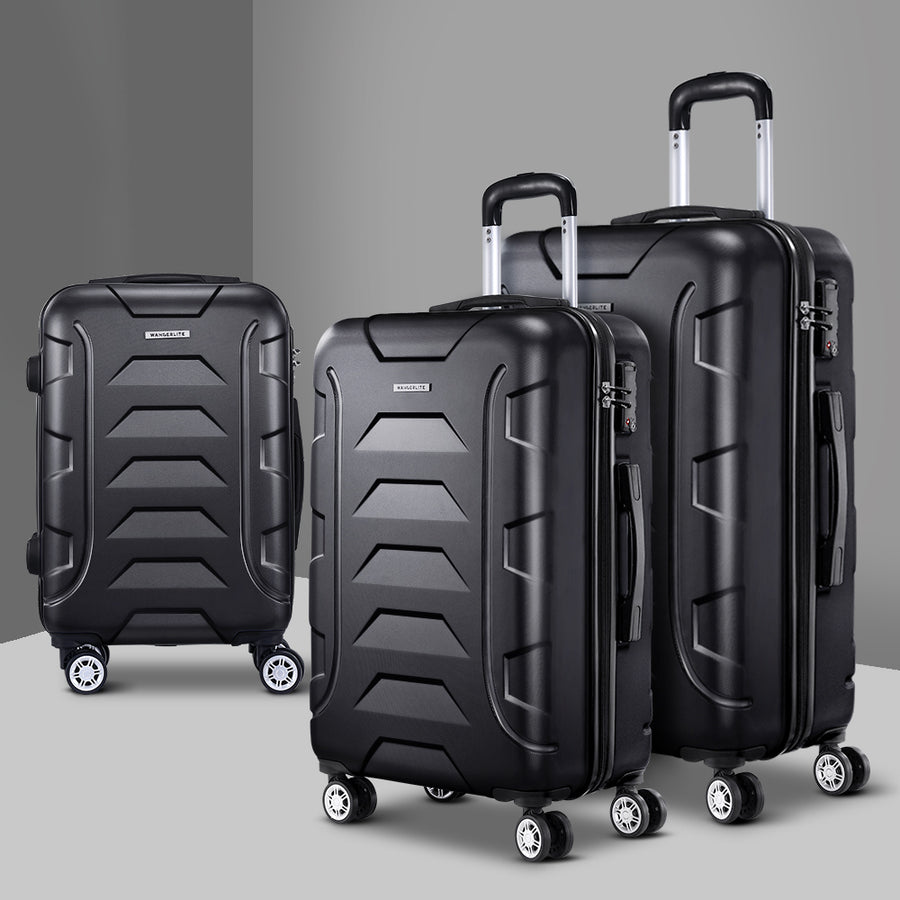 Wanderlite 3pc Luggage Travel Sets Suitcase Trolley TSA Lock Bonus Black Homecoze