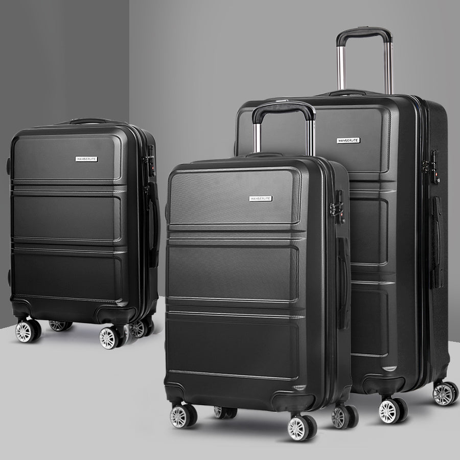 Wanderlite 3pc Luggage Trolley Set Suitcase Travel TSA Hard Case Black Homecoze