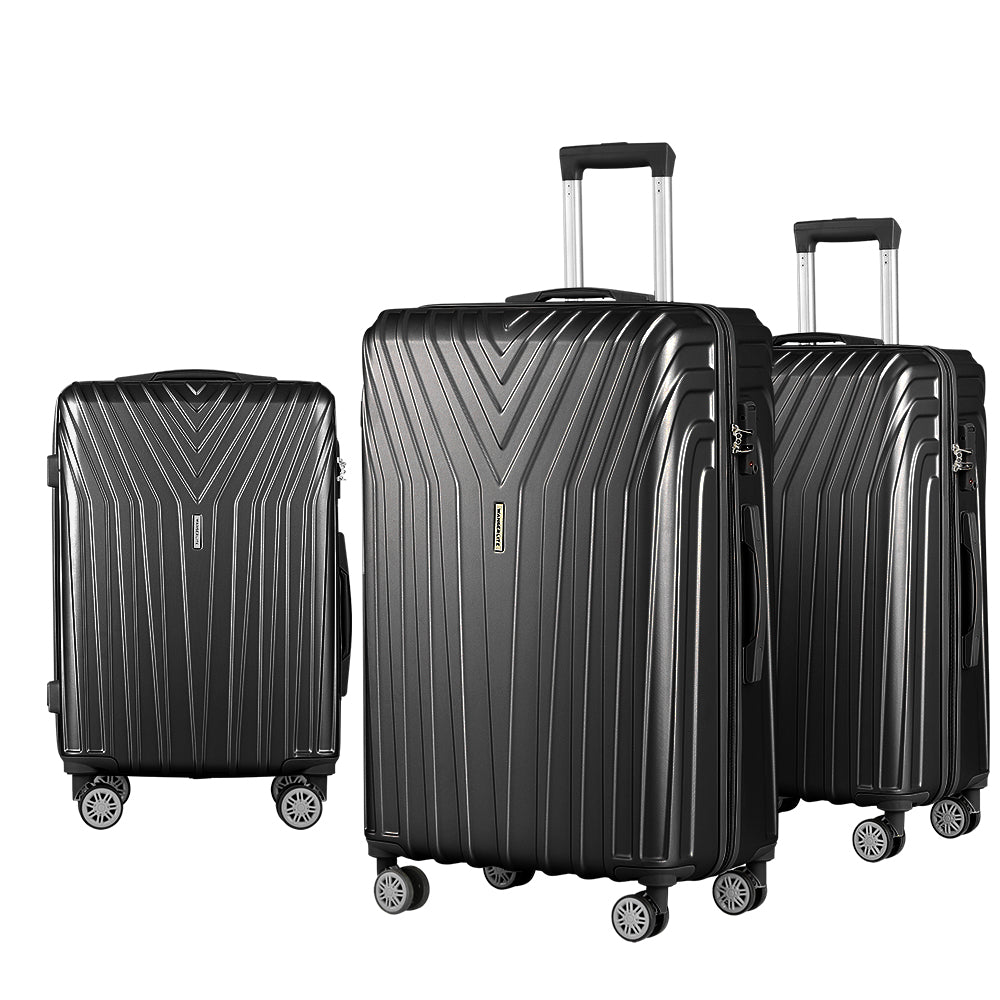 Wanderlite 3pc Luggage 20'' 24'' 28'' Trolley Suitcase Sets Travel TSA Hard Case Lightweight Black Homecoze