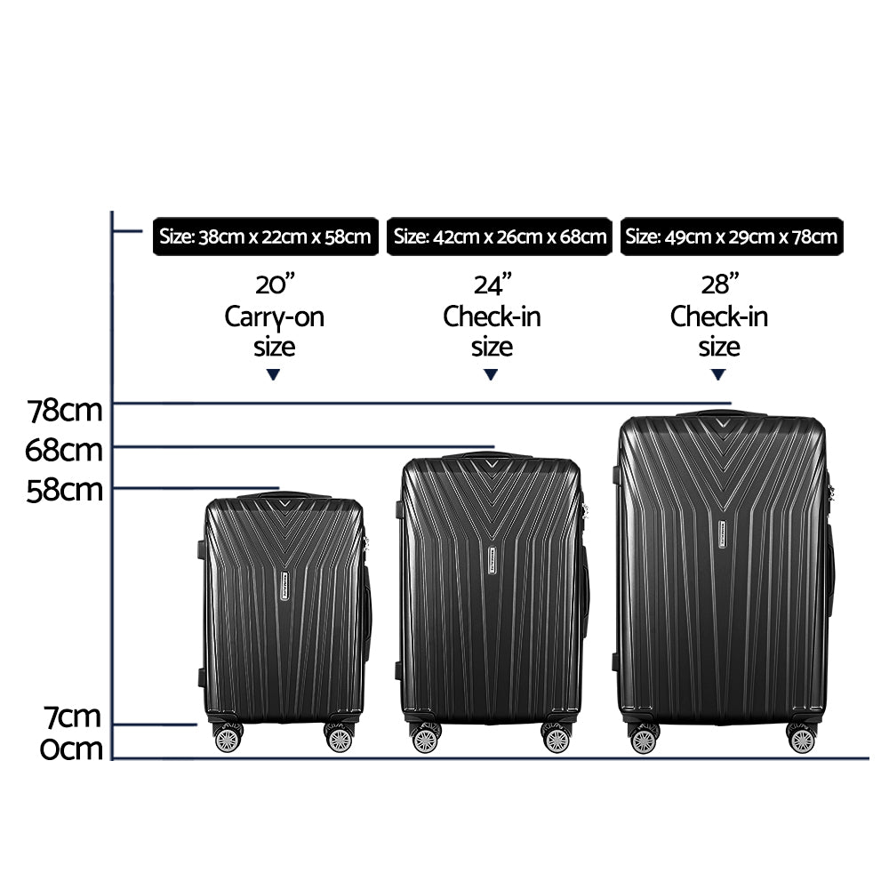 Wanderlite 3pc Luggage 20'' 24'' 28'' Trolley Suitcase Sets Travel TSA Hard Case Lightweight Black Homecoze
