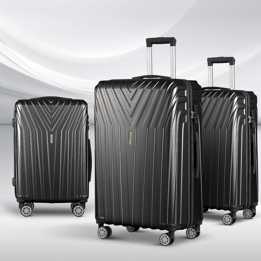 Wanderlite 3pc Luggage 20'' 24'' 28'' Trolley Suitcase Sets Travel TSA Hard Case Lightweight Black Homecoze