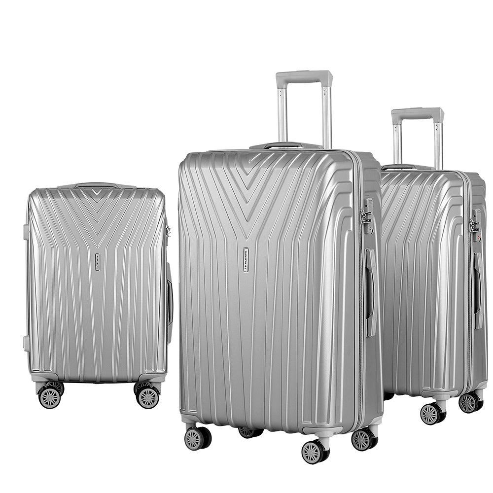 Wanderlite 3pc Luggage 20'' 24'' 28'' Trolley Suitcase Sets Travel TSA Hard Case Lightweight Silver Homecoze