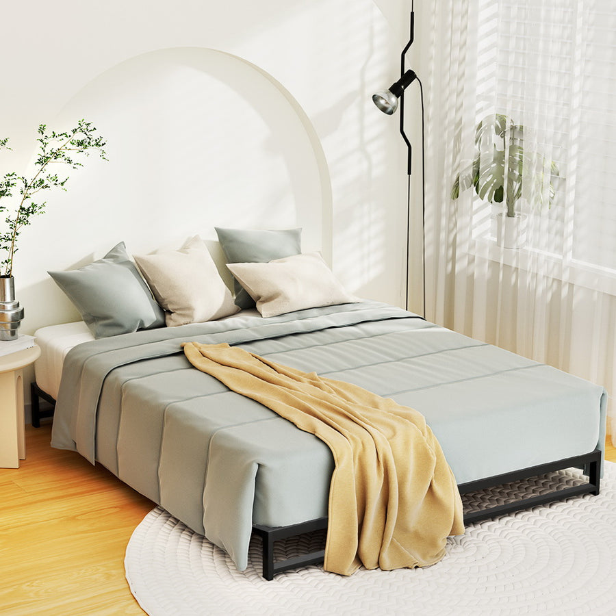Double Size Modern Low Profile Simple Metal Bed Frame Wooden Slats - Black Homecoze