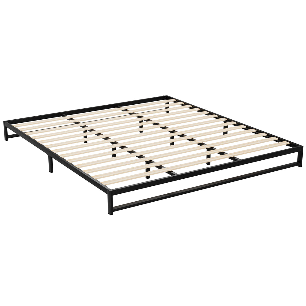 King Size Modern Low Profile Simple Metal Bed Frame Wooden Slats - Black Homecoze