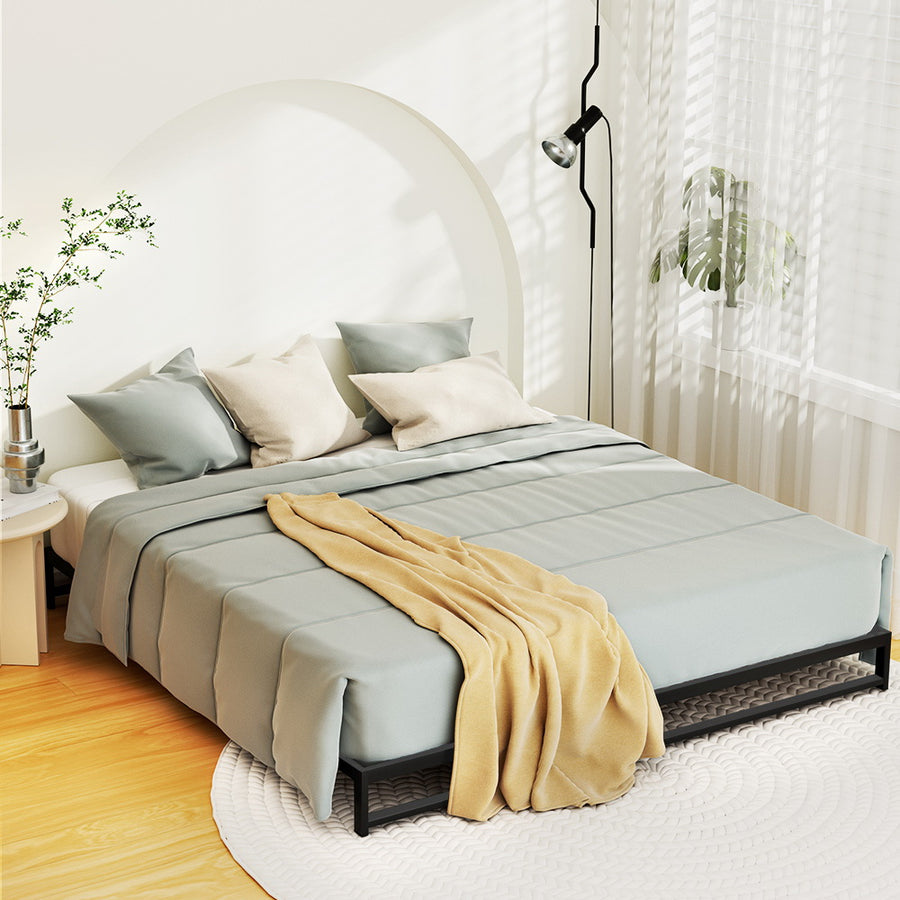King Size Modern Low Profile Simple Metal Bed Frame Wooden Slats - Black Homecoze