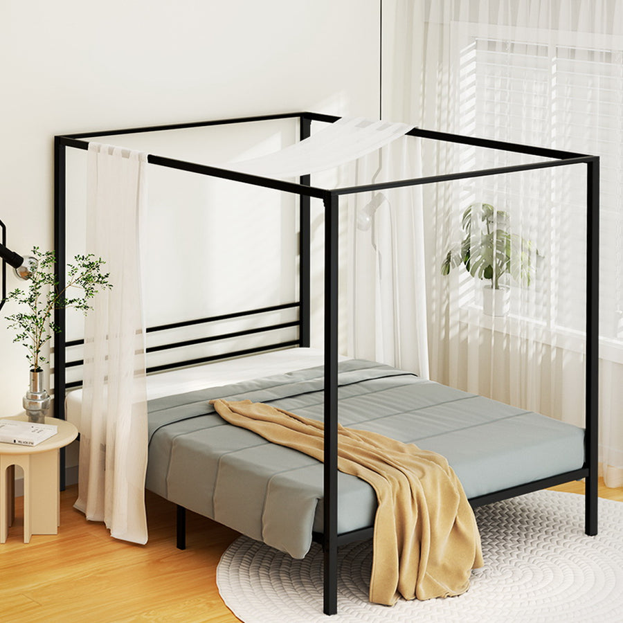 Double Size Four Poster Design Canopy Top Metal Bed Frame - Black Homecoze