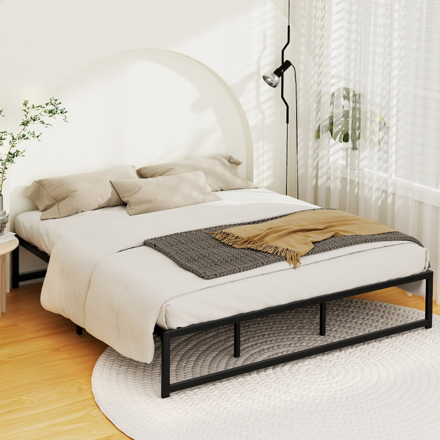 King Size Modern Low Profile Simple Metal Bed Frame Metal Slats - Black Homecoze