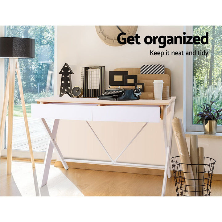 Metal Desk with Drawer - White with Oak Top Homecoze