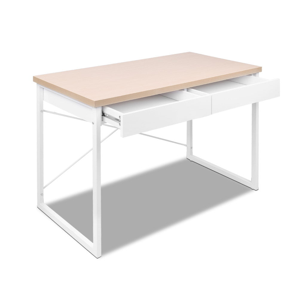 Metal Desk with Drawer - White with Wooden Top Homecoze