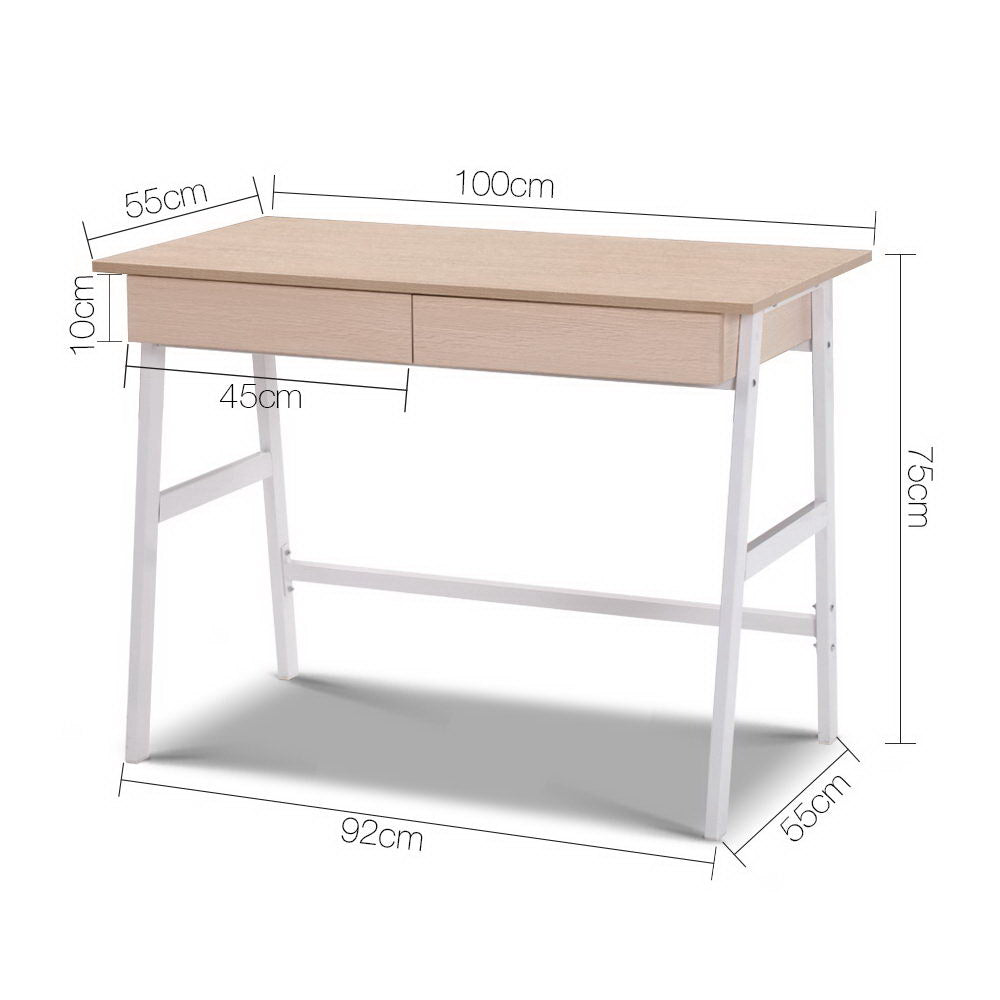 Simple Scandinavian Design Metal Desk with Drawer - White with Oak Top Homecoze