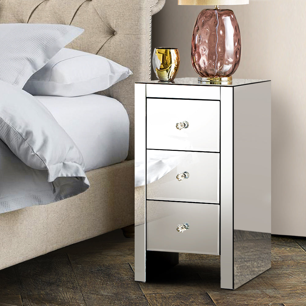 Petite Silver Glass Mirrored Bedside Table Homecoze