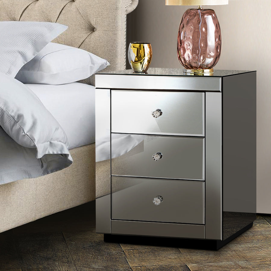 Large Smoky Grey Glass Mirrored Bedside Table - Homecoze