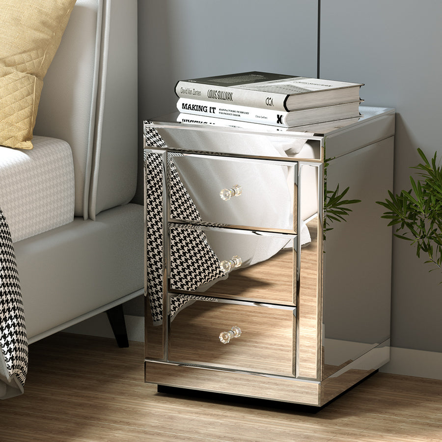 Large Luxury Silver Glass Mirrored Bedside Table Homecoze