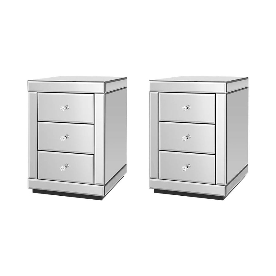 Set of 2 Large Luxury Silver Glass Mirrored Bedside Tables Homecoze