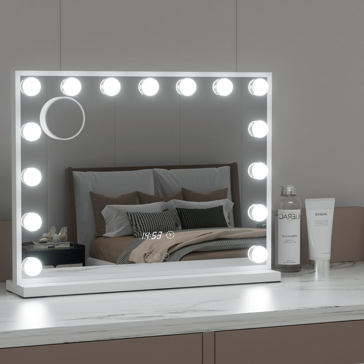 Hollywood Makeup Mirror with Clock 15 Adjustable LED Lights 58x45cm