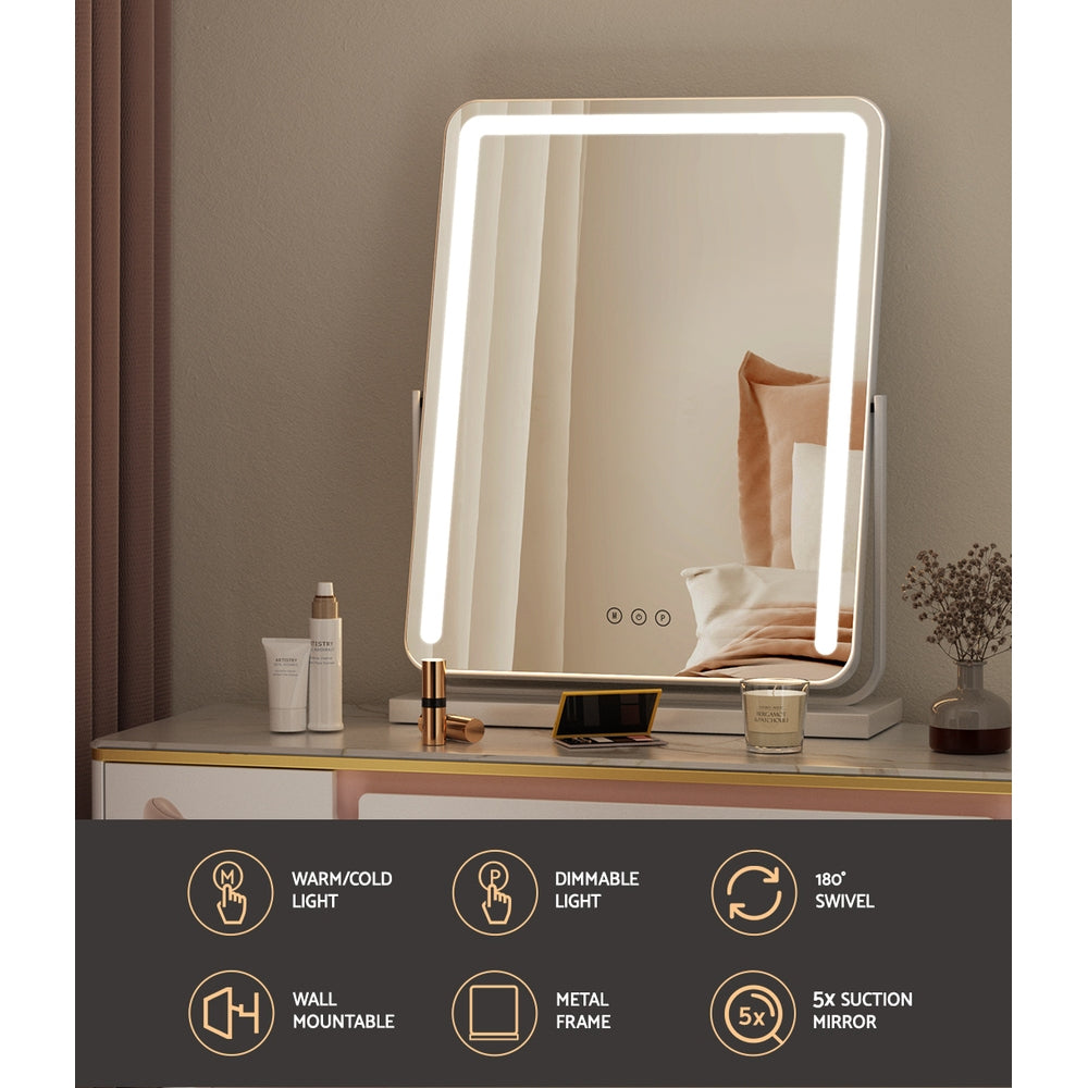 Swivel Makeup Mirror 3-Colour LED Dimmable Vanity 40 x 50cm - White Frame Homecoze