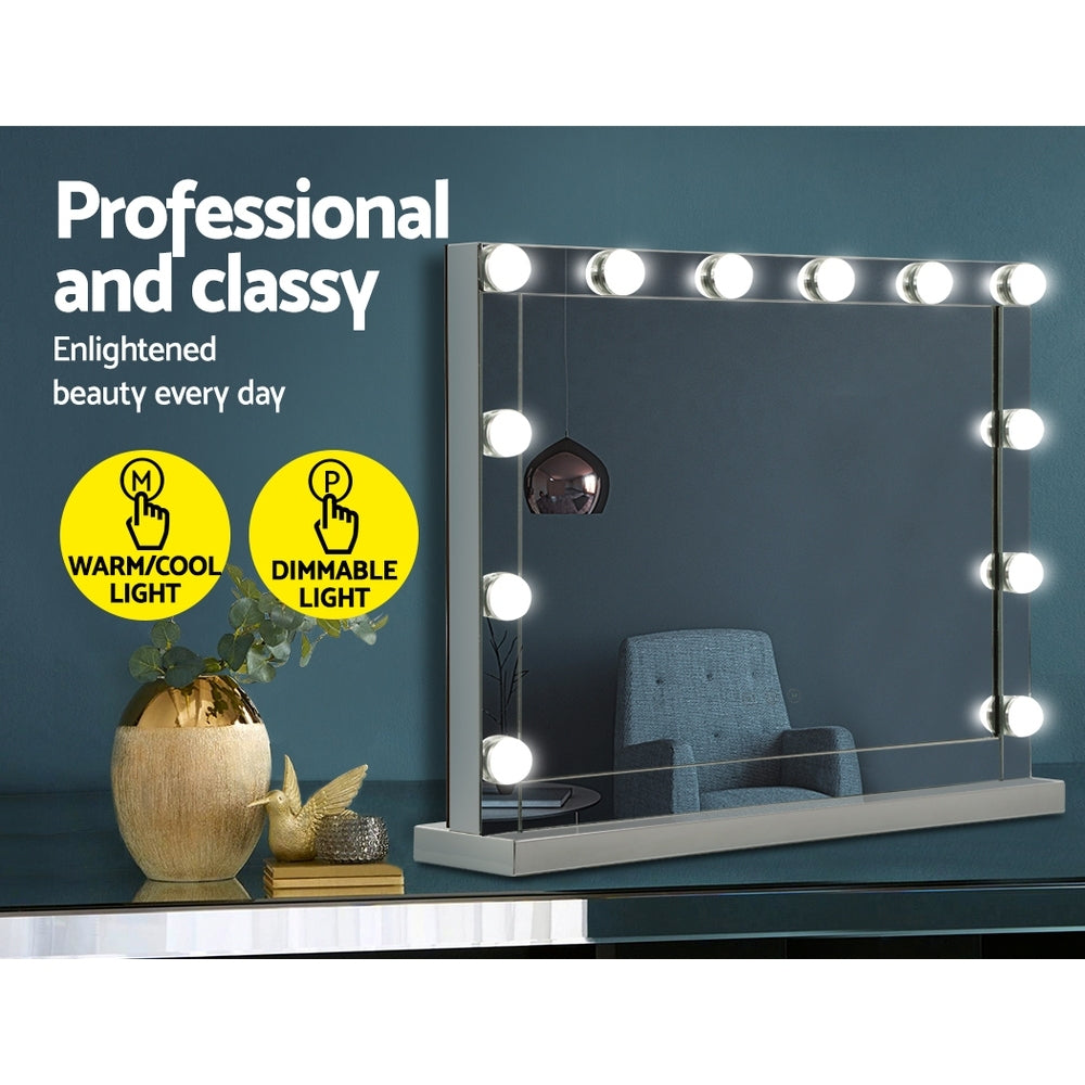 Hollywood Frameless Standing Makeup Mirror With Lights 12 LED Bulbs Silver 58cm x 46cm Homecoze