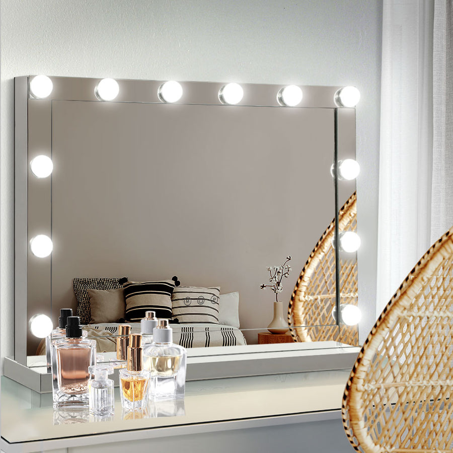 Hollywood Frameless Standing Makeup Mirror With Lights 12 LED Bulbs Silver 58cm x 46cm Homecoze