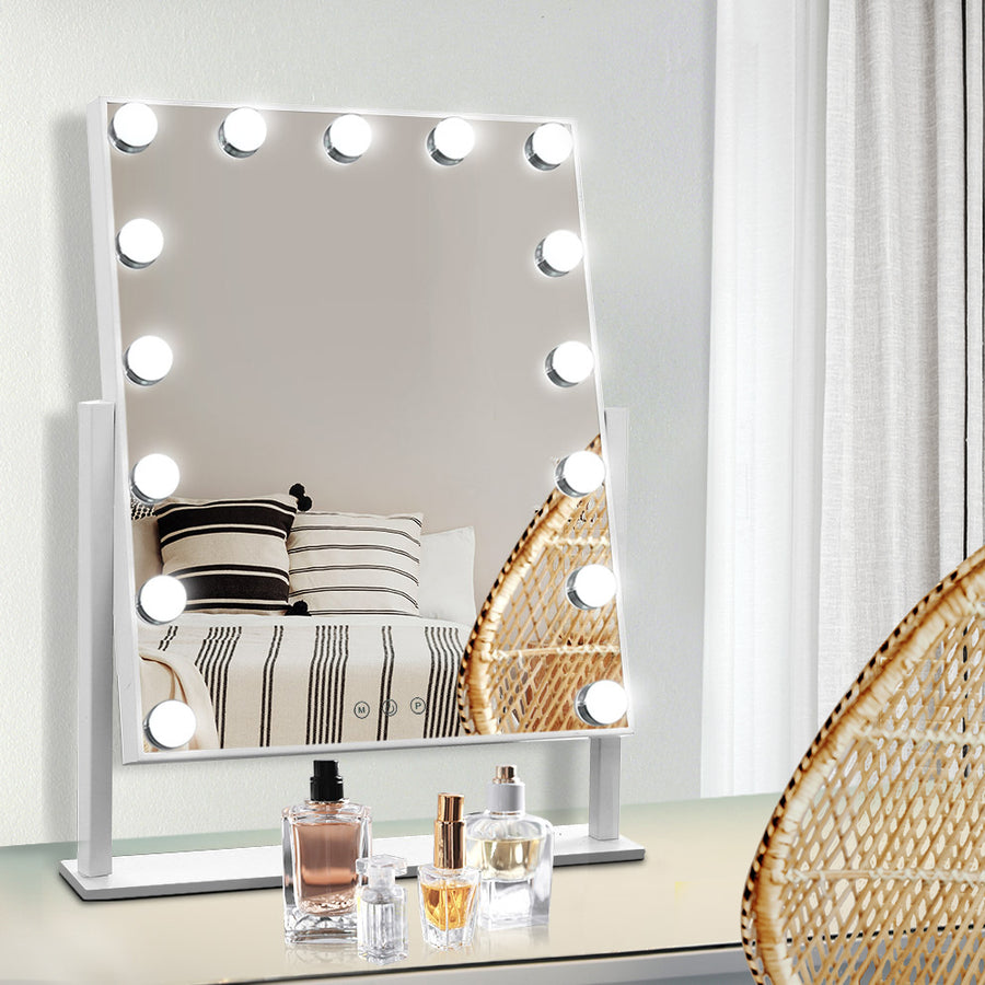 Hollywood Rotatable Free Standing Makeup Mirror with 15 Dimmable Bulbs White 40 x 50cm Homecoze