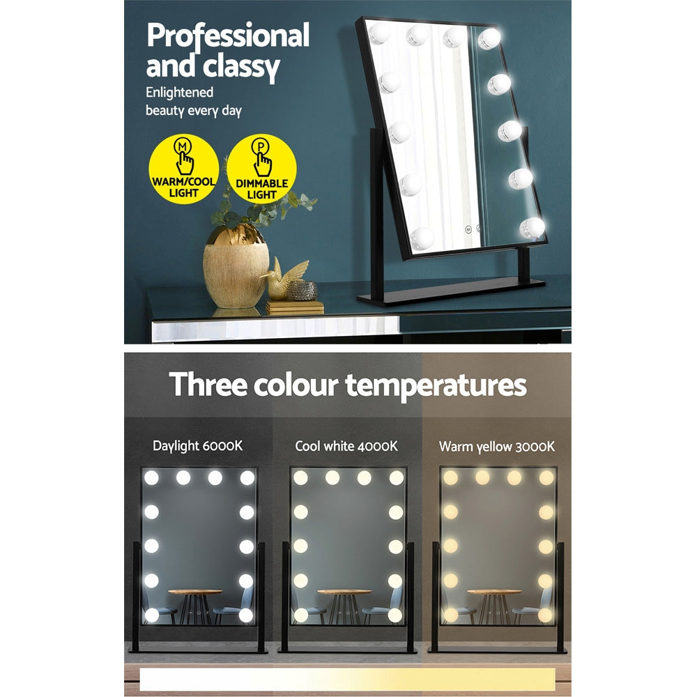 Black Standing Make Up Mirror with 12 LED Light Bulbs - 30 x 25cm - Homecoze