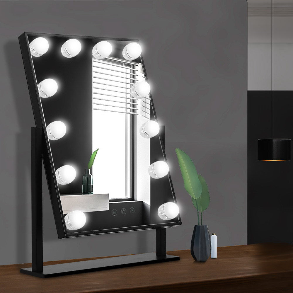 Black Standing Make Up Mirror with 12 LED Light Bulbs - 30 x 25cm - Homecoze