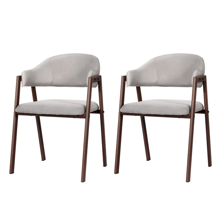 Set of 2 Dining Chairs with Grey Faux Linen Fabric - Walnut