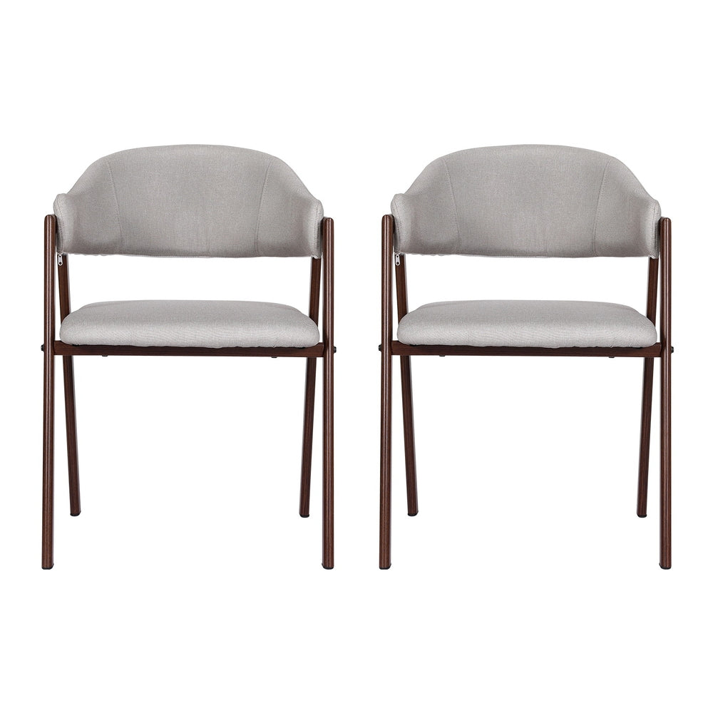 Set of 2 Dining Chairs with Grey Faux Linen Fabric - Walnut - Homecoze