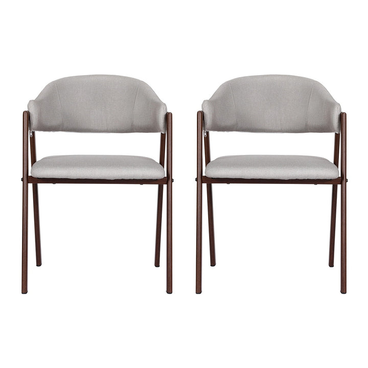 Set of 2 Dining Chairs with Grey Faux Linen Fabric - Walnut