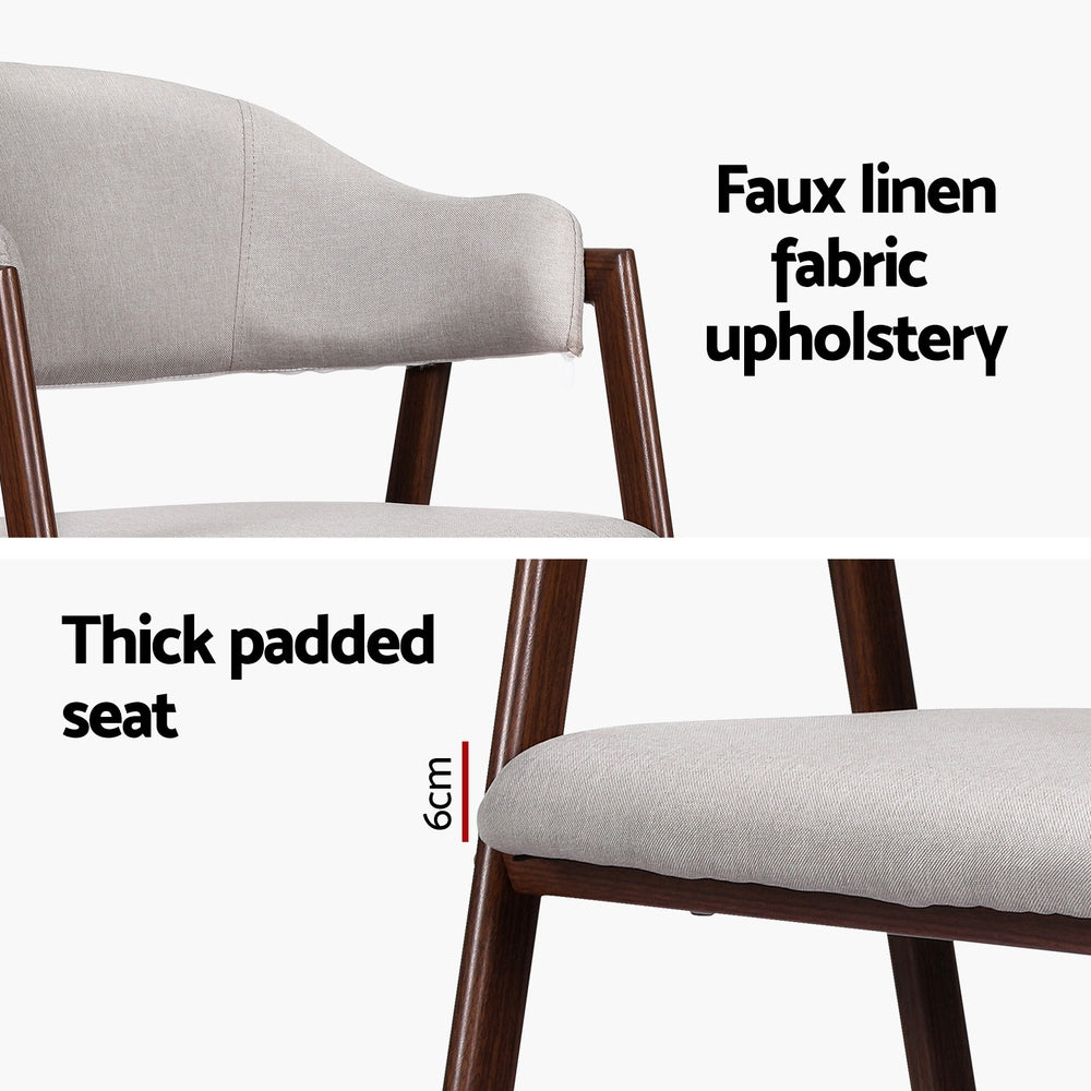 Set of 2 Dining Chairs with Grey Faux Linen Fabric - Walnut - Homecoze