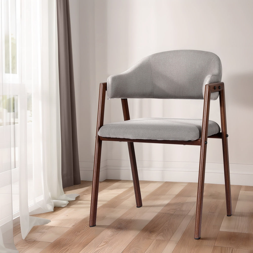Set of 2 Dining Chairs with Grey Faux Linen Fabric - Walnut - Homecoze