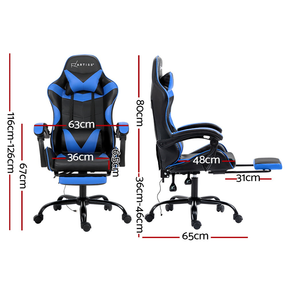 Gaming Racer Chair PU Leather with 2-Point Vibration Massage - Blue Homecoze
