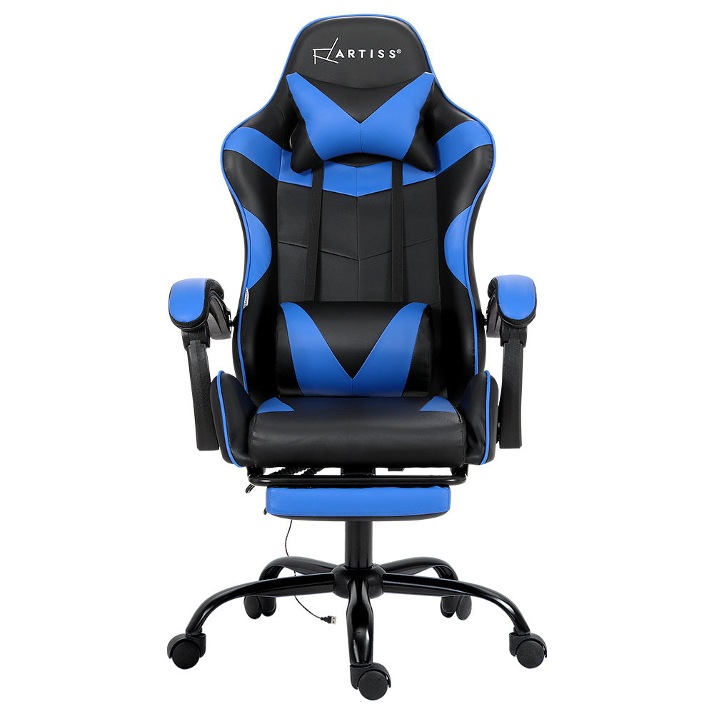 Gaming Racer Chair PU Leather with 2-Point Vibration Massage - Blue Homecoze