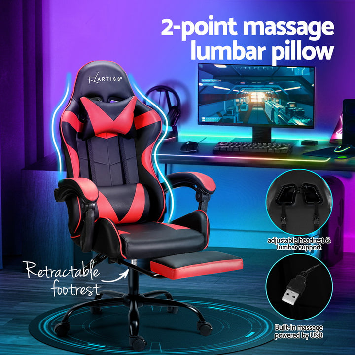 PU Leather Gaming Office Chair 2 Point Massage with Footrest - Red