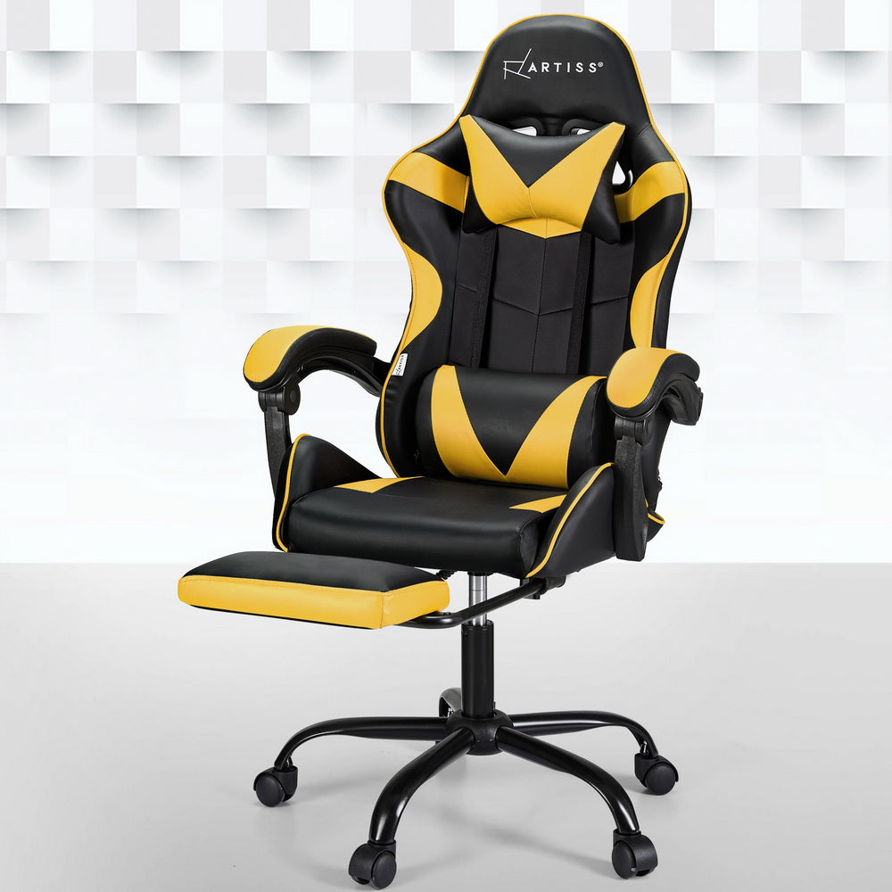PU Leather Gaming Office Chair 2 Point Massage with Footrest - Yellow