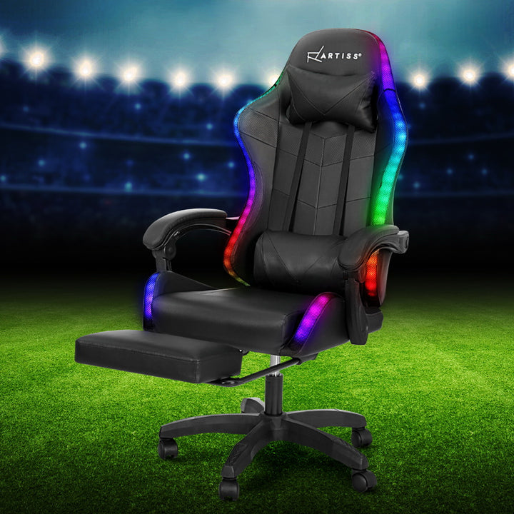 PU Leather LED Gaming Office Chair 6 Point Massage with Footrest - Black