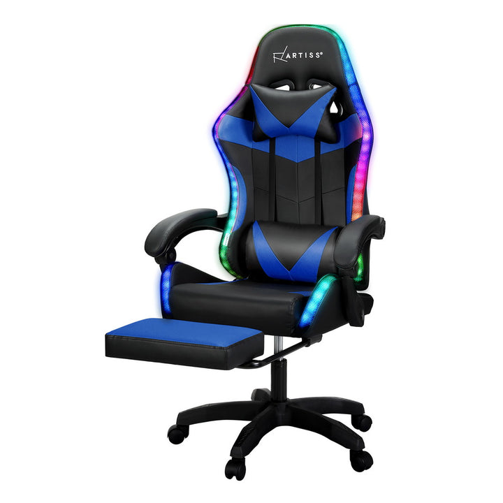 PU Leather LED Gaming Office Chair 6 Point Massage with Footrest - Blue