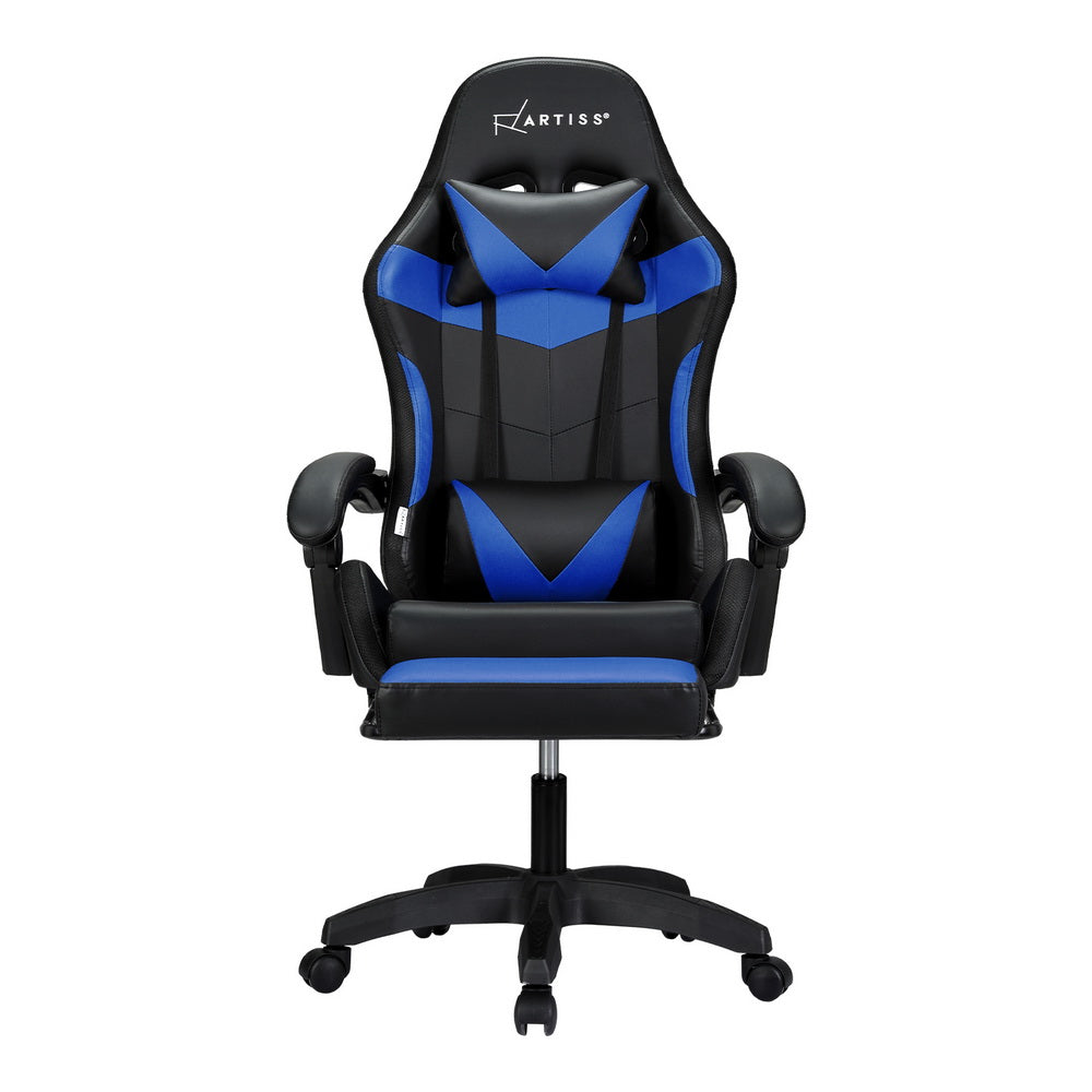 PU Leather LED Gaming Office Chair 6 Point Massage with Footrest - Blue
