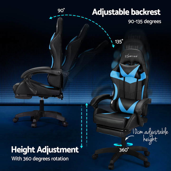 PU Leather LED Gaming Office Chair 6 Point Massage with Footrest - Cyan Blue