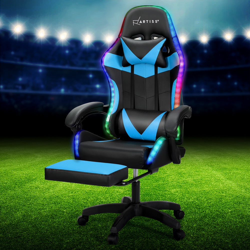 PU Leather LED Gaming Office Chair 6 Point Massage with Footrest - Cyan Blue
