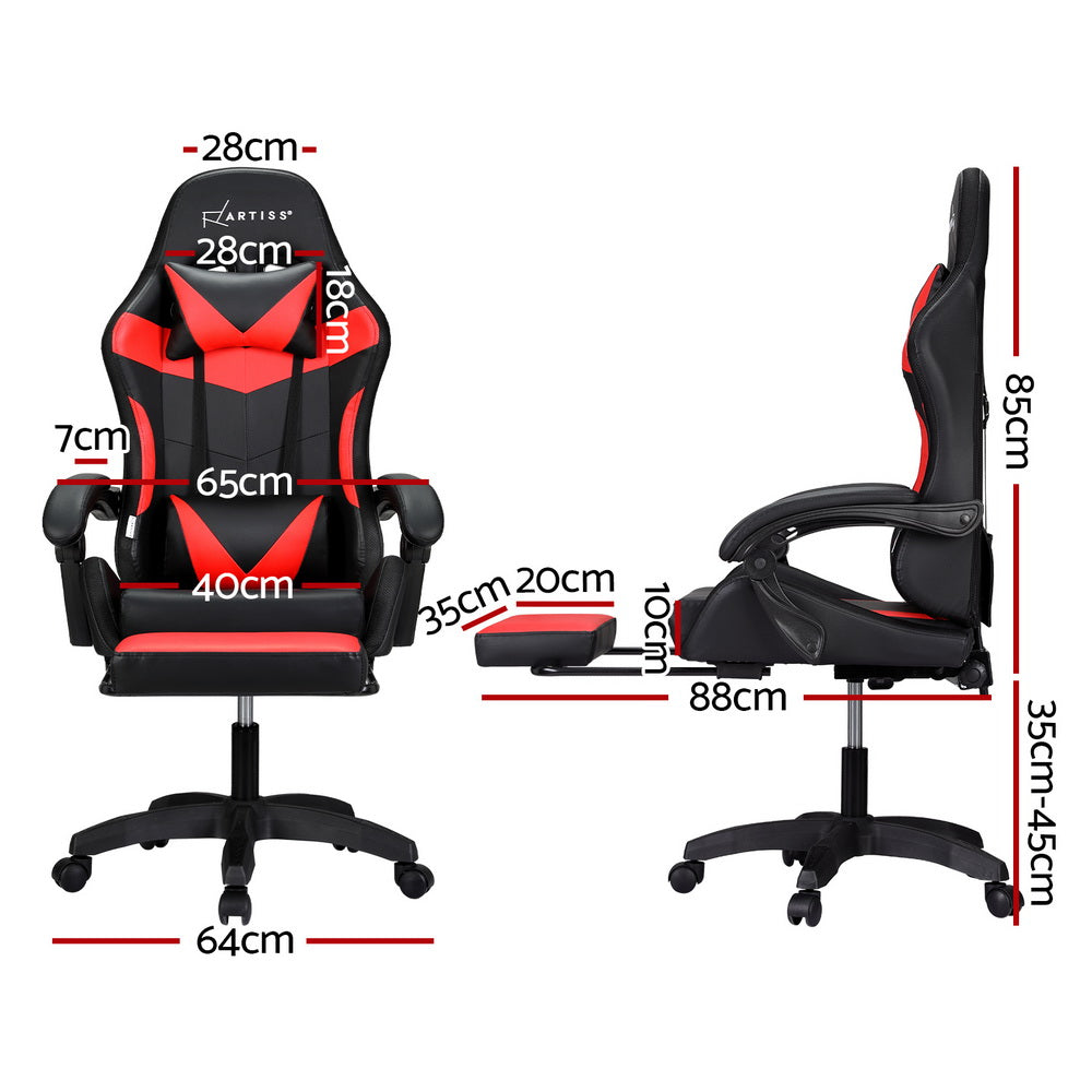 PU Leather LED Gaming Office Chair 6 Point Massage with Footrest - Red