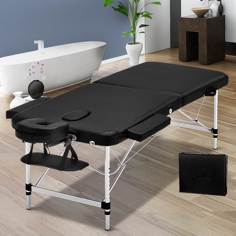 55cm Wide 2 Fold Portable Aluminium Massage Table - Black Homecoze