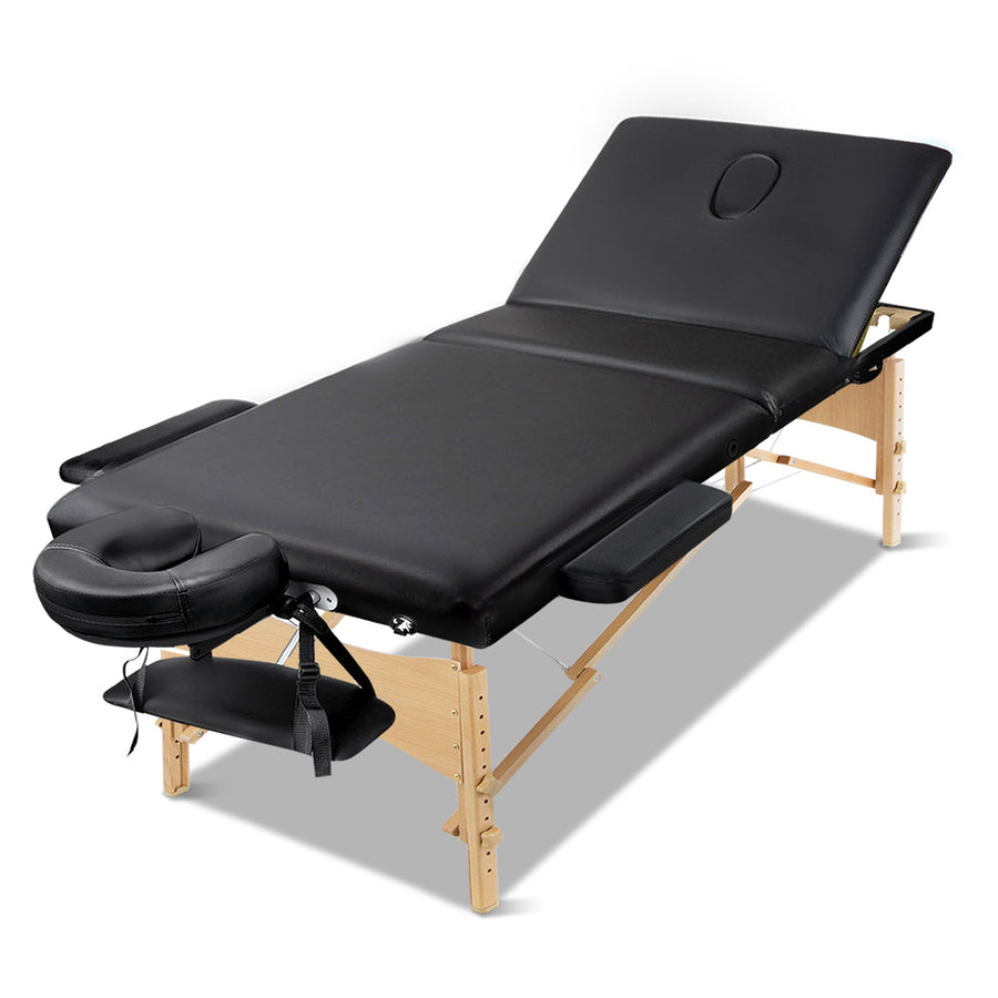 60cm Wide 3 Fold Portable Wooden Massage Table - Black Homecoze