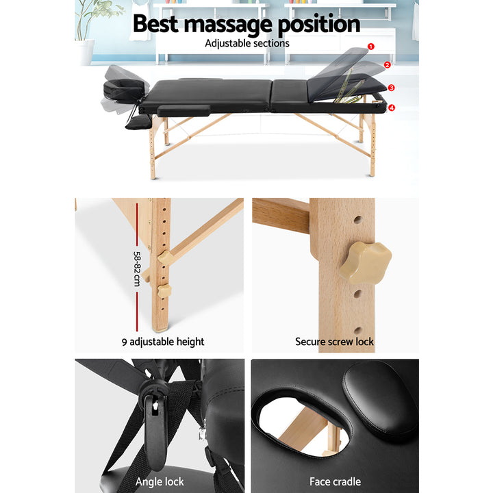 60cm Wide 3 Fold Portable Wooden Massage Table - Black Homecoze