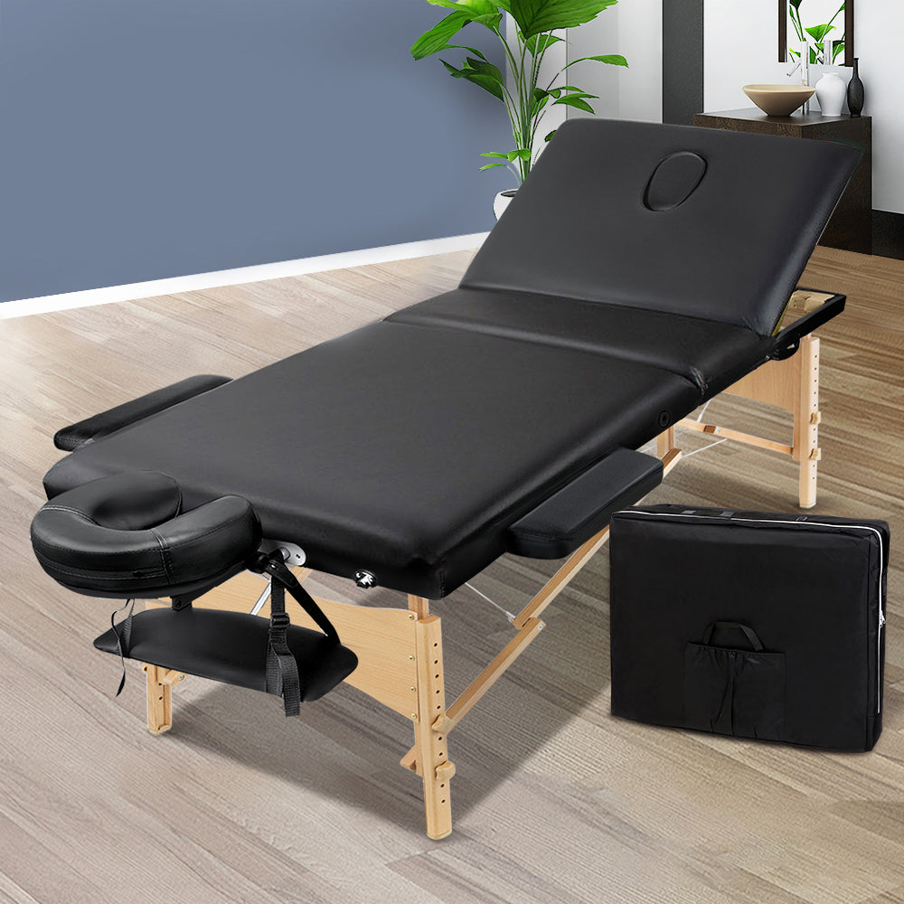 60cm Wide 3 Fold Portable Wooden Massage Table - Black Homecoze